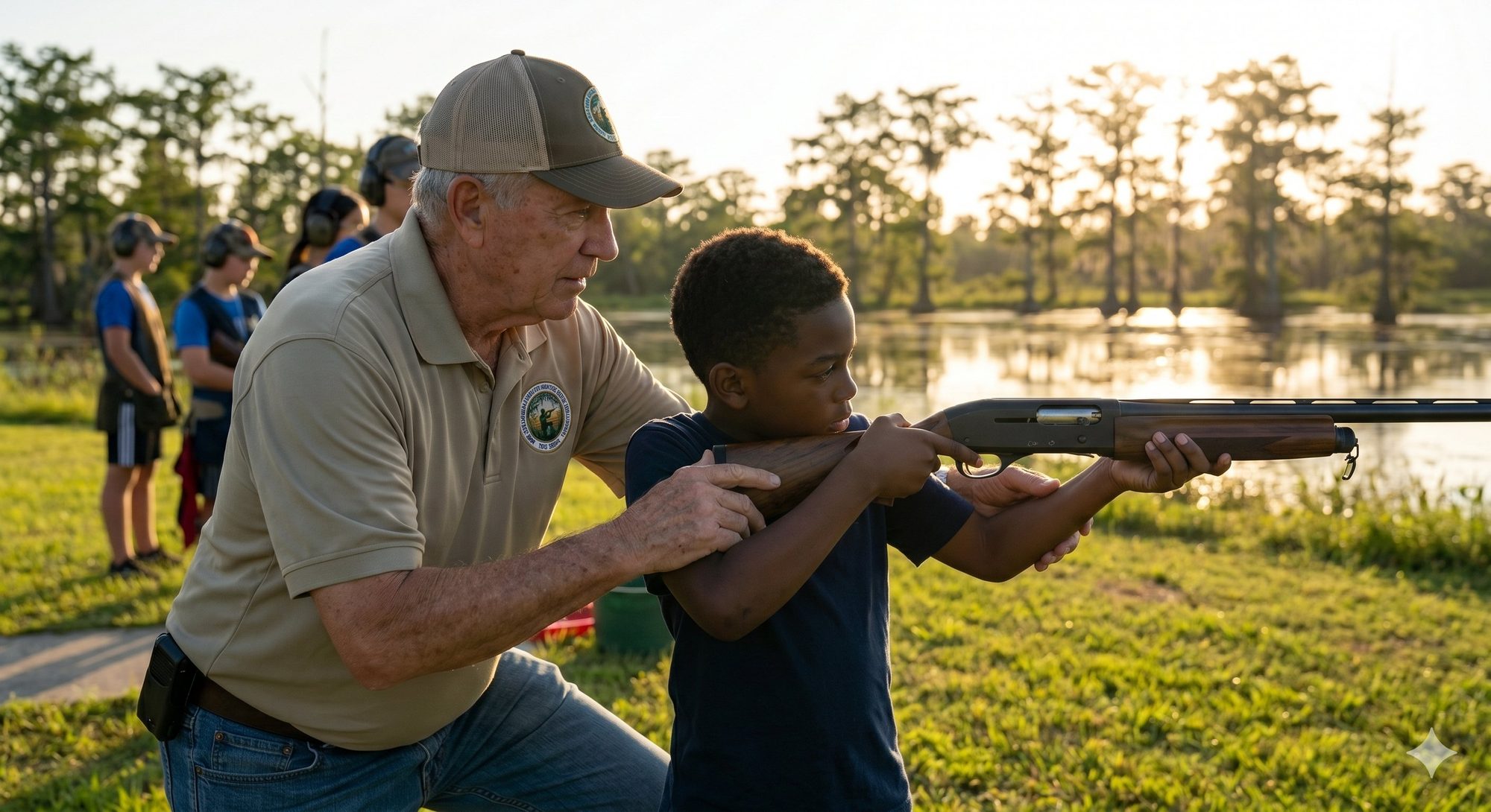 A volunteer coach guiding a young shooter at the range